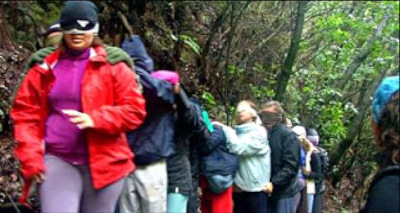 grupo de escolares con los ojos tapados detrás de una monitora